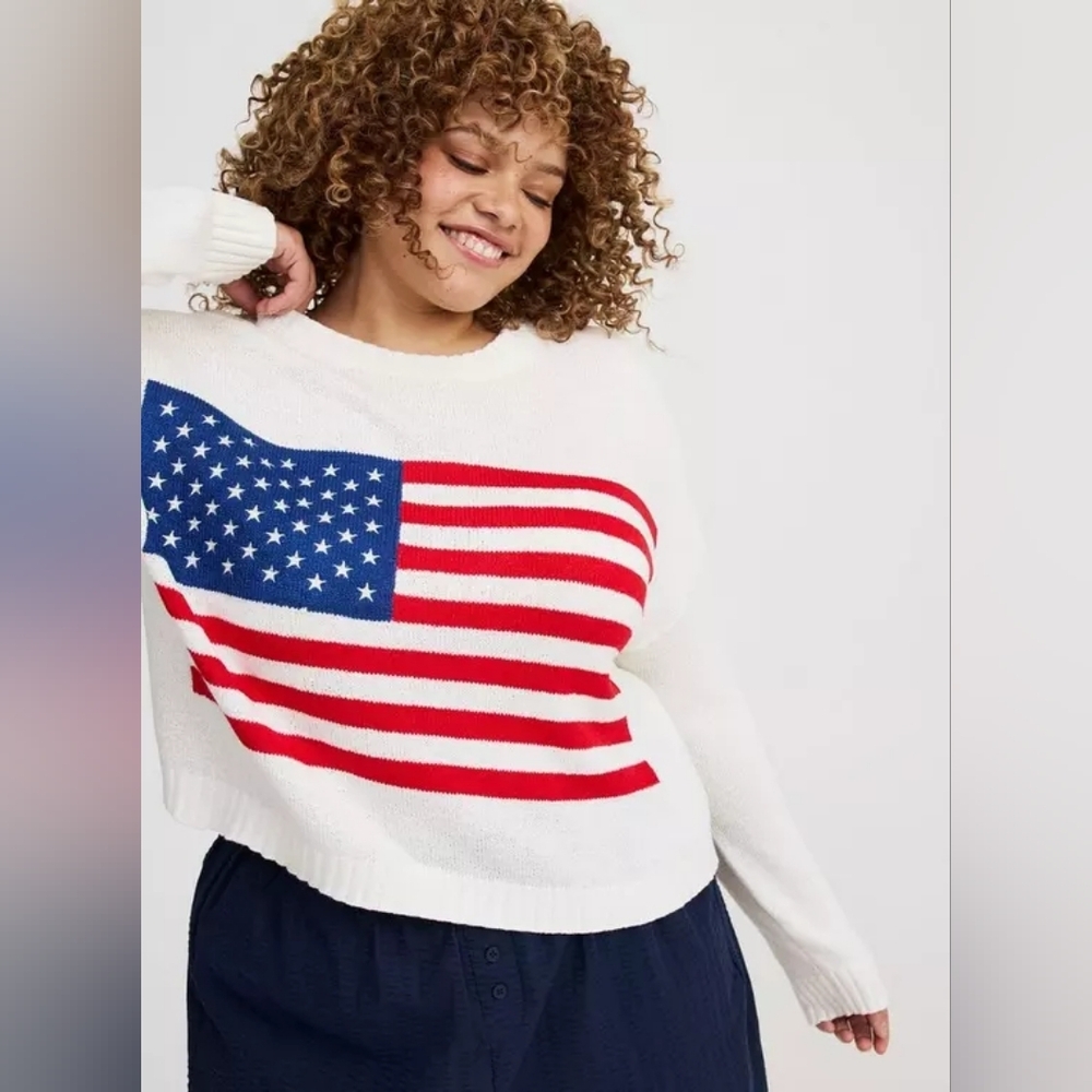 TORRID White Crewneck Sweater with Red White & Blue American Flag Graphic - Picture 10 of 15